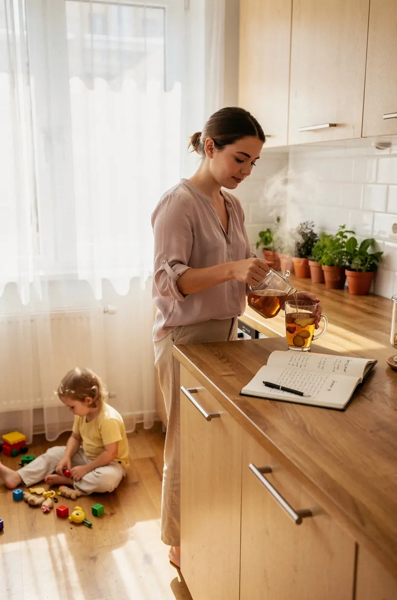 Moteris ramiai skaito knygą, gerdama arbatą jaukioje svetainėje.